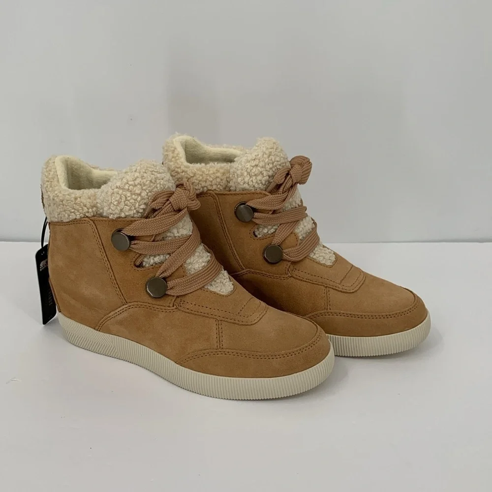 Sorel Out n About Cozy hidden wedge boot suede hiking shearling winter tan new 8